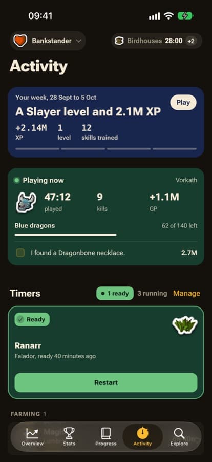 Activity screen with a live session